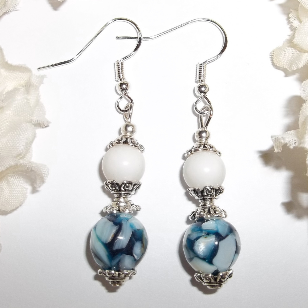 Blue and White Dangle Earrings Unique Funky 4109